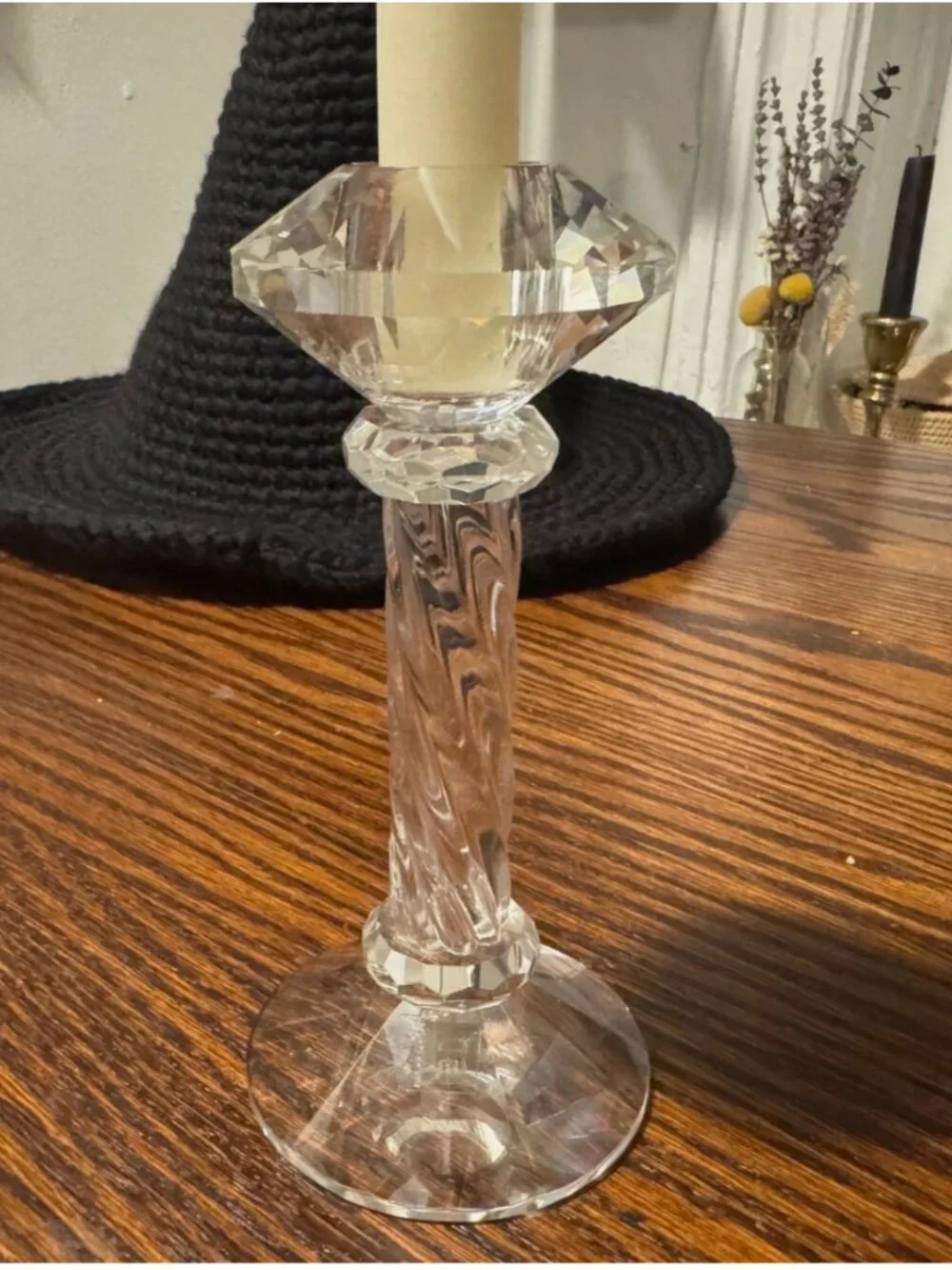Crystal Cut Glass Taper Candlesticks Vintage Mismatched Set Of Two